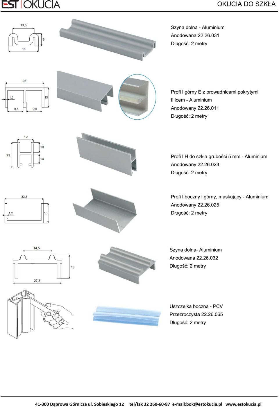 01 1 Długość: 2 metry Profi l H do szkła grubości 5 mm - Aluminium Anodowany 22.26.