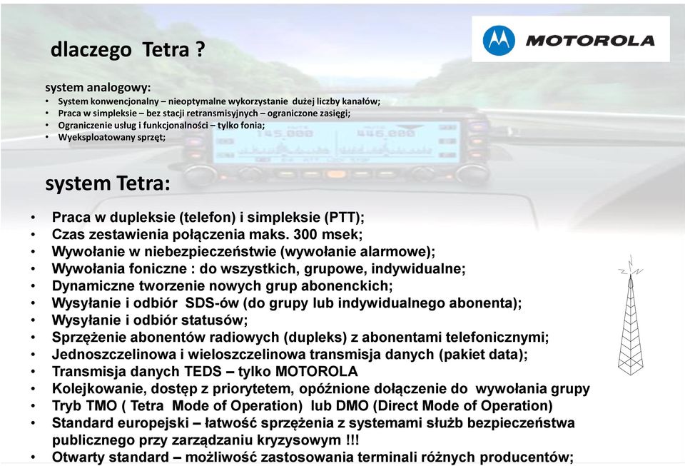 fonia; Wyeksploatowany sprzęt; system Tetra: Praca w dupleksie (telefon) i simpleksie (PTT); Czas zestawienia połączenia maks.