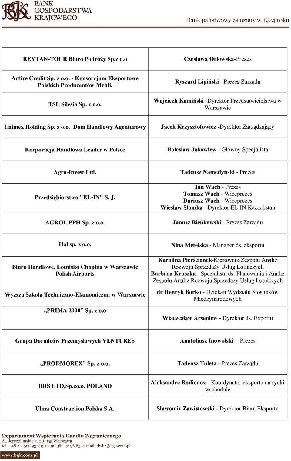 z o.o. Tadeusz Namedyński - Prezes Jan Wach - Prezes Tomasz Wach - Wiceprezes Dariusz Wach - Wiceprezes Wiesław Słomka - Dyrektor EL-IN Kazachstan Janusz Bieńkowski - Prezes Zarządu Hal sp. z o.o. Biuro Handlowe, Lotnisko Chopina w Warszawie Polish Airports Wyższa Szkoła Techniczno-Ekonomiczna w Warszawie PRIMA 2000 Sp.