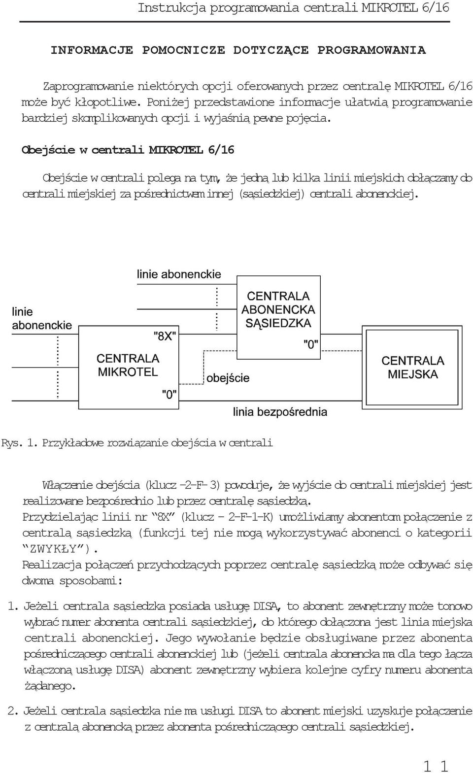 Obejście w centrali MIKROTEL 6/16 Obejście w centrali polega na tym, że jedną lub kilka linii miejskich dołączamy do centrali miejskiej za pośrednictwem innej (sąsiedzkiej) centrali abonenckiej. Rys.