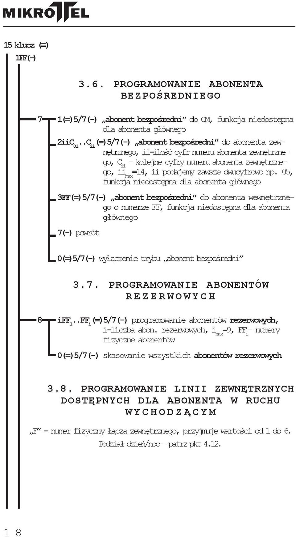 np. 05, funkcja niedostępna dla abonenta głównego 3FF(=)5/7(-) abonent bezpośredni do abonenta wewnętrznego o numerze FF, funkcja niedostępna dla abonenta głównego 0(=)5/7(-) wyłączenie trybu abonent