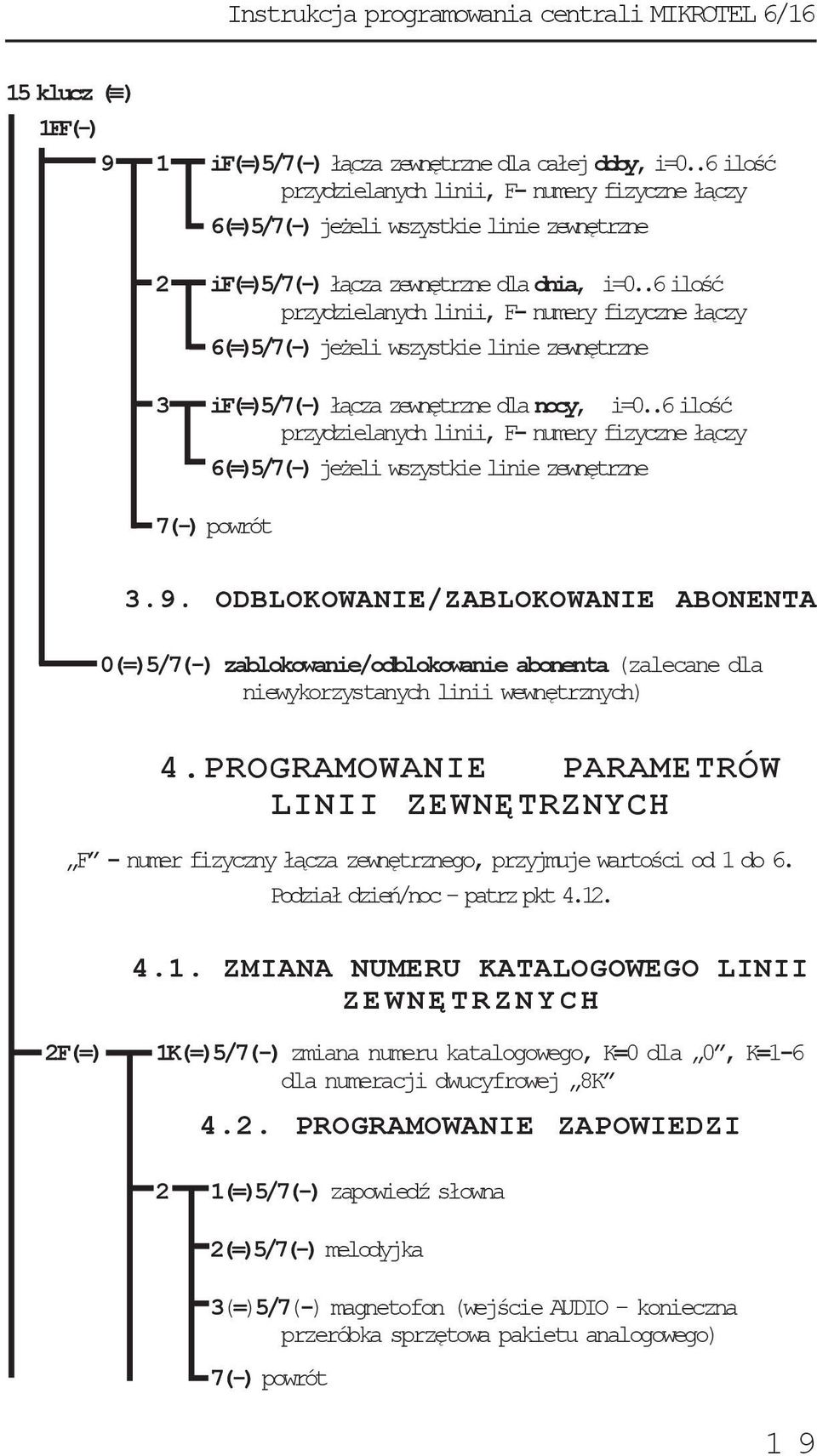 .6 ilość przydzielanych linii, F- numery fizyczne łączy 6(=)5/7(-) jeżeli wszystkie linie zewnętrzne 3 if(=)5/7(-) łącza zewnętrzne dla nocy, i=0.