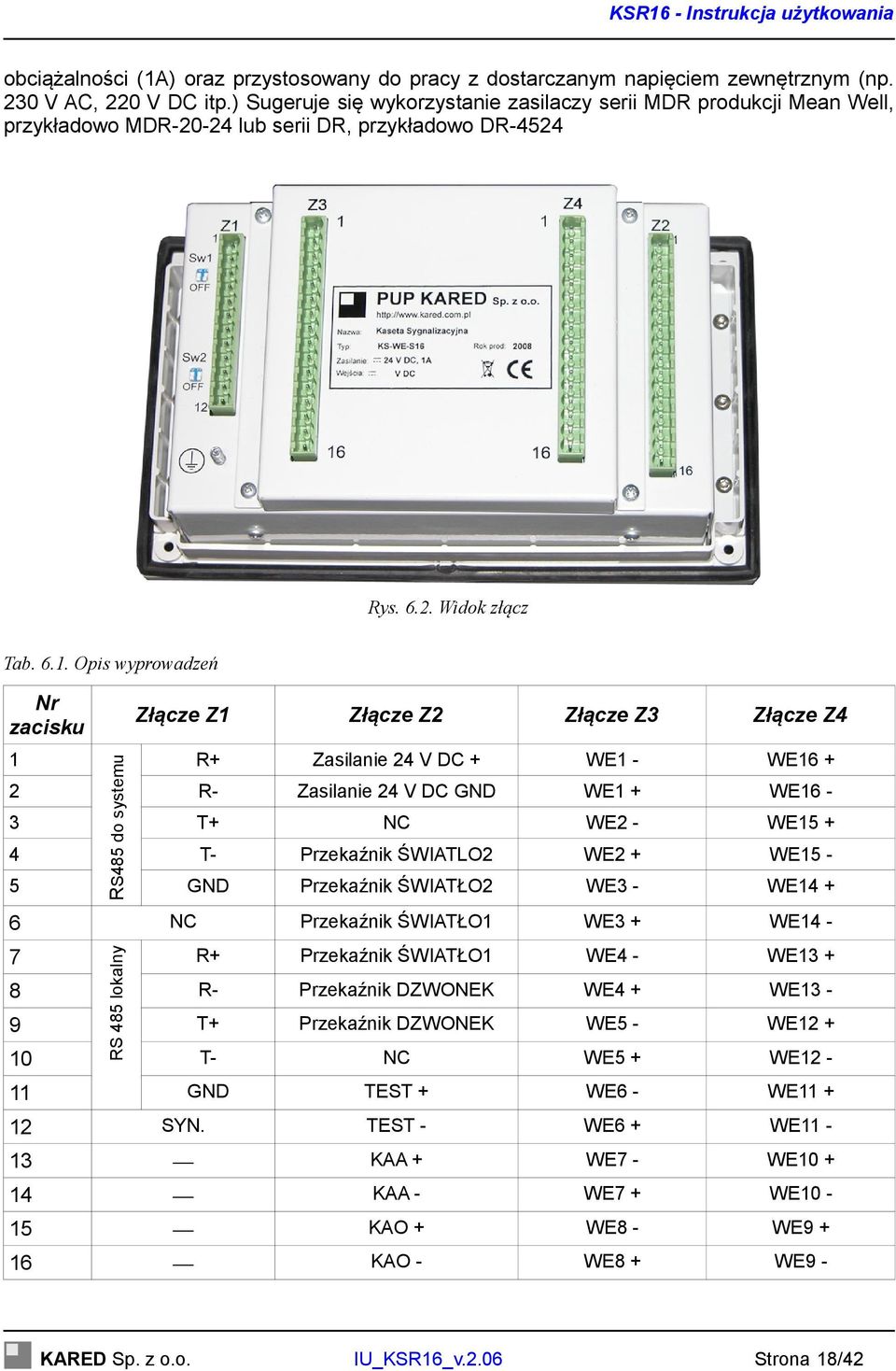 Opis wyprowadzeń Nr zacisku 1 RS485 do systemu Złącze Z1 Złącze Z2 Złącze Z3 Złącze Z4 R+ Zasilanie 24 V DC + WE1 - WE16 + 2 R- Zasilanie 24 V DC GND WE1 + WE16-3 T+ NC WE2 - WE15 + 4 T- Przekaźnik