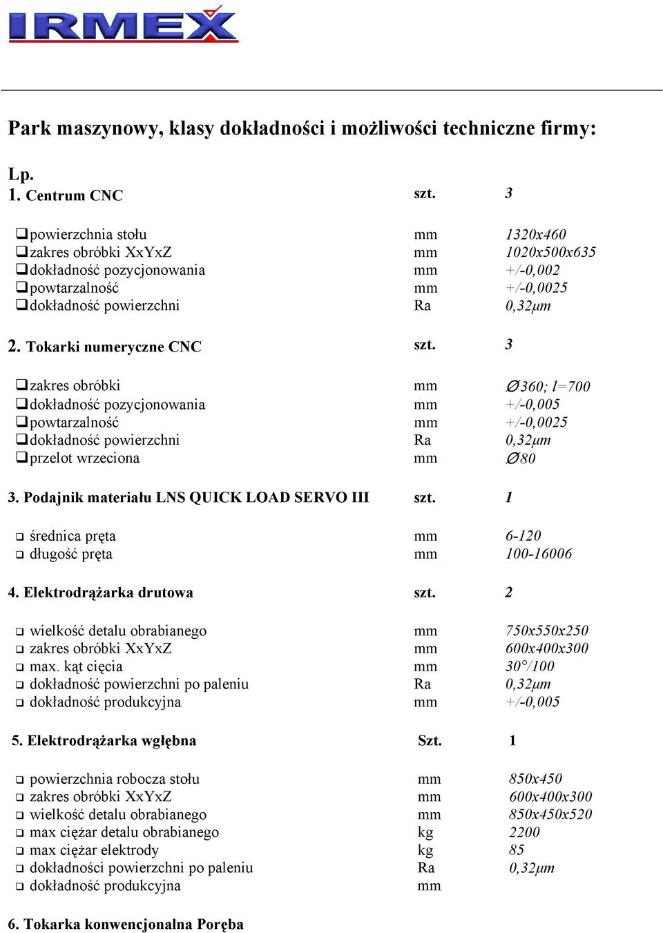 3 zakres obróbki mm Ø 360; l=700 dokładność pozycjonowania mm +/-0,005 powtarzalność mm +/-0,0025 dokładność powierzchni Ra 0,32μm przelot wrzeciona mm Ø 80 3.