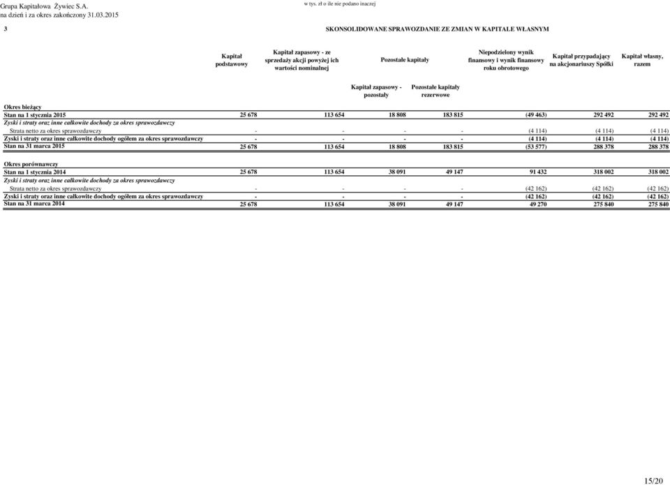 Niepodzielony wynik finansowy i wynik finansowy roku obrotowego Kapitał przypadający na akcjonariuszy Spółki Kapitał własny, razem Kapitał zapasowy - pozostały Pozostałe kapitały rezerwowe Okres