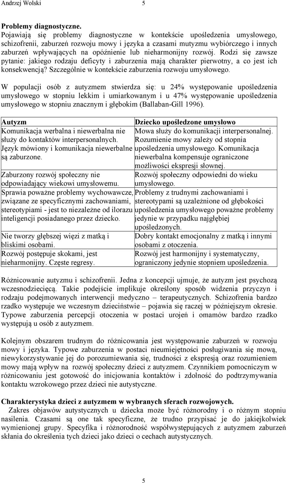 nieharmonijny rozwój. Rodzi się zawsze pytanie: jakiego rodzaju deficyty i zaburzenia mają charakter pierwotny, a co jest ich konsekwencją? Szczególnie w kontekście zaburzenia rozwoju umysłowego.