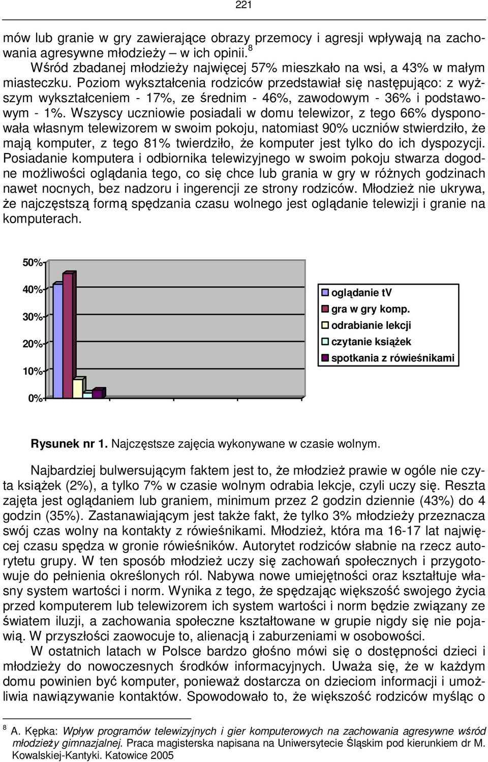 Poziom wykształcenia rodziców przedstawiał się następująco: z wyższym wykształceniem - 17%, ze średnim - 46%, zawodowym - 36% i podstawowym - 1%.