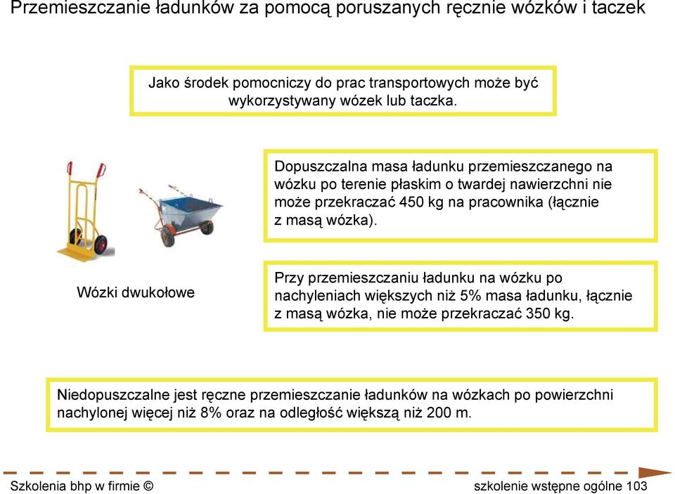 Wózki dwukołowe Przy przemieszczaniu ładunku na wózku po nachyleniach większych niż 5% masa ładunku, łącznie z masą wózka, nie może przekraczać 350 kg.