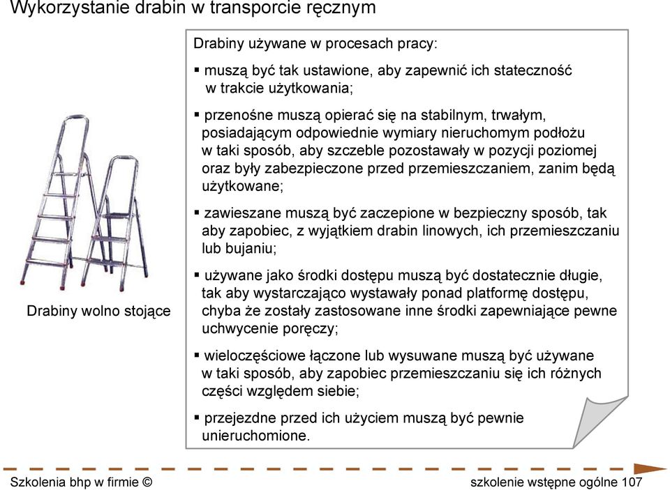 zawieszane muszą być zaczepione w bezpieczny sposób, tak aby zapobiec, z wyjątkiem drabin linowych, ich przemieszczaniu lub bujaniu; Drabiny wolno stojące używane jako środki dostępu muszą być