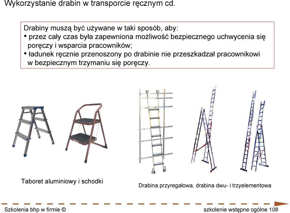 uchwycenia się poręczy i wsparcia pracowników; ładunek ręcznie przenoszony po drabinie nie przeszkadzał