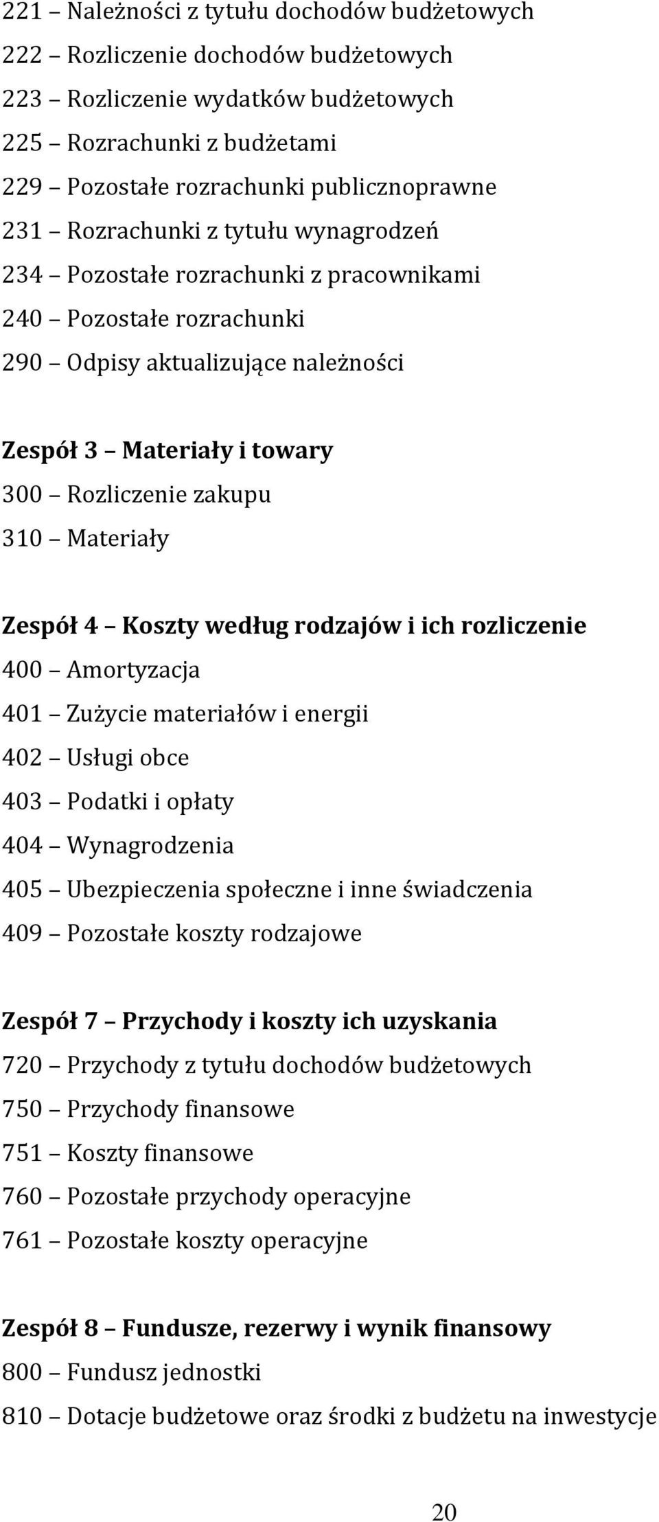 Materiały Zespół 4 Koszty według rodzajów i ich rozliczenie 400 Amortyzacja 401 Zużycie materiałów i energii 402 Usługi obce 403 Podatki i opłaty 404 Wynagrodzenia 405 Ubezpieczenia społeczne i inne