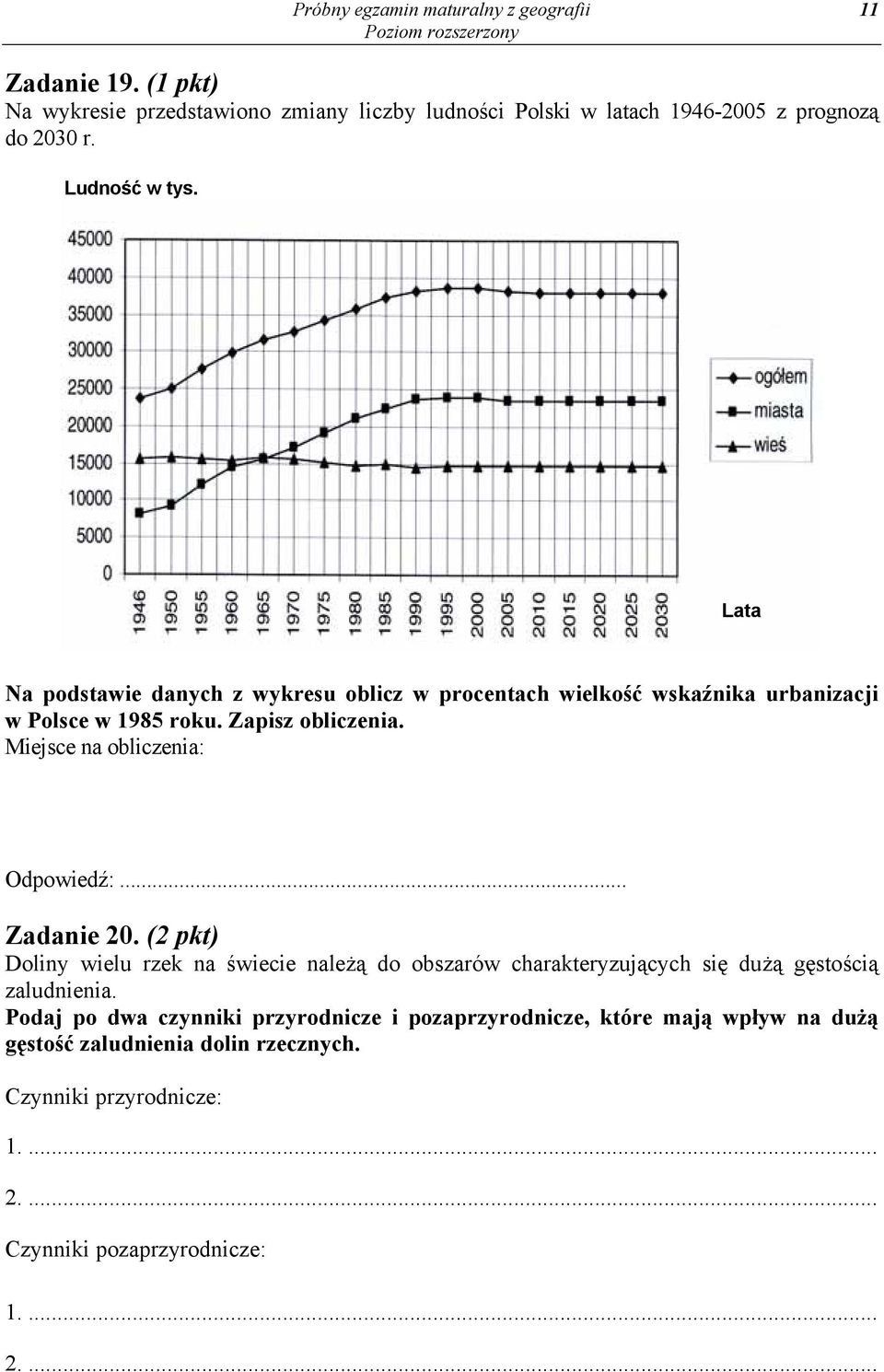 Miejsce na obliczenia: Odpowiedź:... Zadanie 20. (2 pkt) Doliny wielu rzek na świecie należą do obszarów charakteryzujących się dużą gęstością zaludnienia.