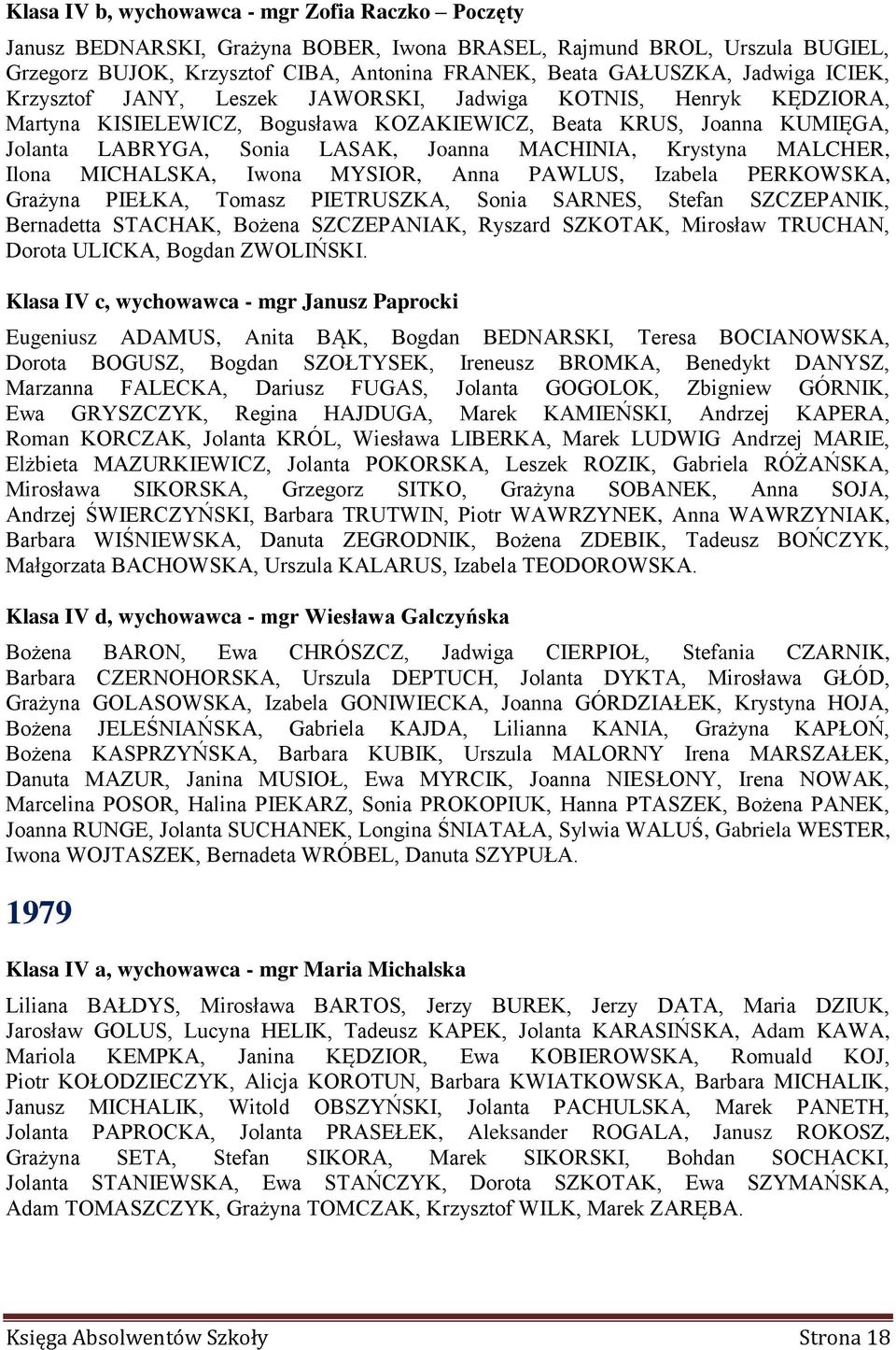 Krystyna MALCHER, Ilona MICHALSKA, Iwona MYSIOR, Anna PAWLUS, Izabela PERKOWSKA, Grażyna PIEŁKA, Tomasz PIETRUSZKA, Sonia SARNES, Stefan SZCZEPANIK, Bernadetta STACHAK, Bożena SZCZEPANIAK, Ryszard