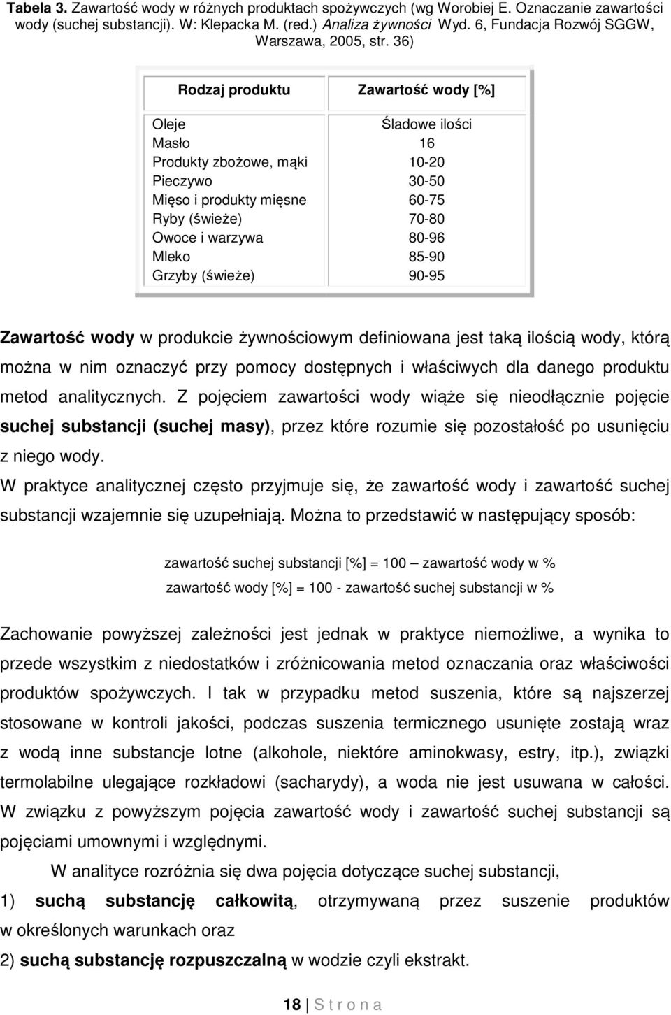 36) Rodzaj produktu Zawartość wody [%] Oleje Masło Produkty zbożowe, mąki Pieczywo Mięso i produkty mięsne Ryby (świeże) Owoce i warzywa Mleko Grzyby (świeże) Śladowe ilości 16 10-20 30-50 60-75