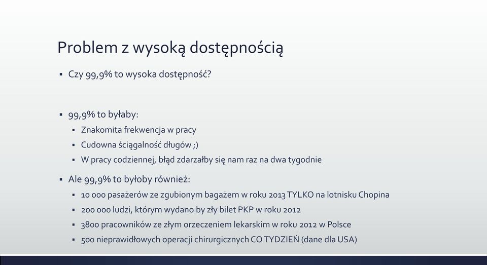 dwa tygodnie Ale 99,9% to byłoby również: 10 000 pasażerów ze zgubionym bagażem w roku 2013 TYLKO na lotnisku Chopina 200 000