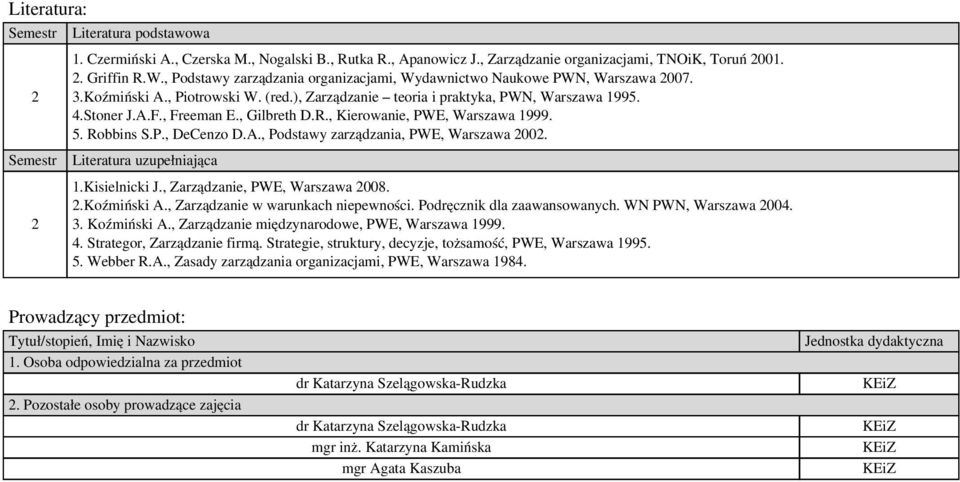 , Gilbreth D.R., Kierowanie, PWE, Warszawa 1999. 5. Robbins S.P., DeCenzo D.A., Podstawy zarządzania, PWE, Warszawa 00. Literatura uzupełniająca 1.Kisielnicki J., Zarządzanie, PWE, Warszawa 008.