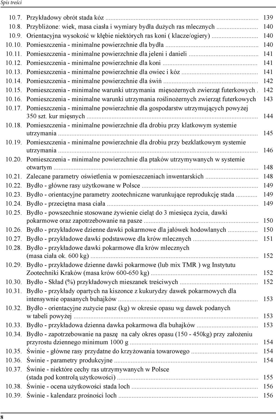 .. 141 10.13. Pomieszczenia - minimalne powierzchnie dla owiec i kóz... 141 10.14. Pomieszczenia - minimalne powierzchnie dla świń... 142 10.15.