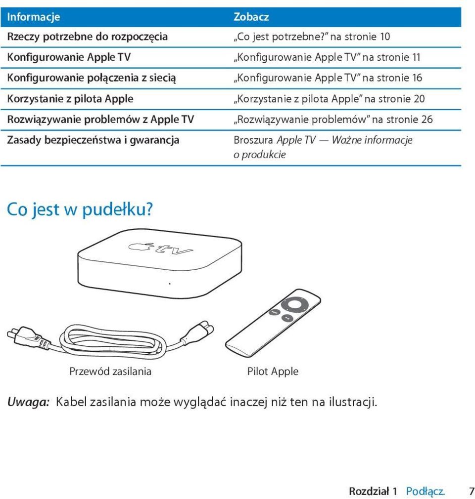 stronie 16 Korzystanie z pilota Apple Korzystanie z pilota Apple na stronie 20 Rozwiązywanie problemów z Apple TV Rozwiązywanie problemów na