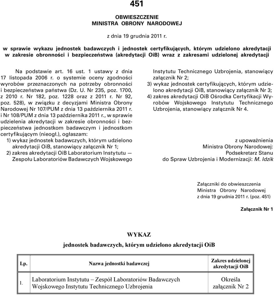 podstawie art. 6 ust. ustawy z dnia 7 listopada 2006 r. o systemie oceny zgodności przeznaczonych na potrzeby obronności i bezpieczeństwa państwa (Dz. U. Nr 235, poz. 700, z 200 r. Nr 82, poz.