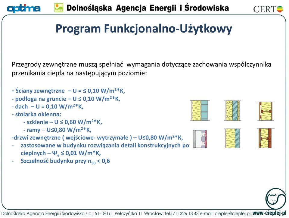 stolarka okienna: - szklenie U 0,60 W/m 2 *K, - ramy U 0,80 W/m 2 *K, -drzwi zewnętrzne ( wejściowe- wytrzymałe ) U 0,80 W/m 2 *K, -