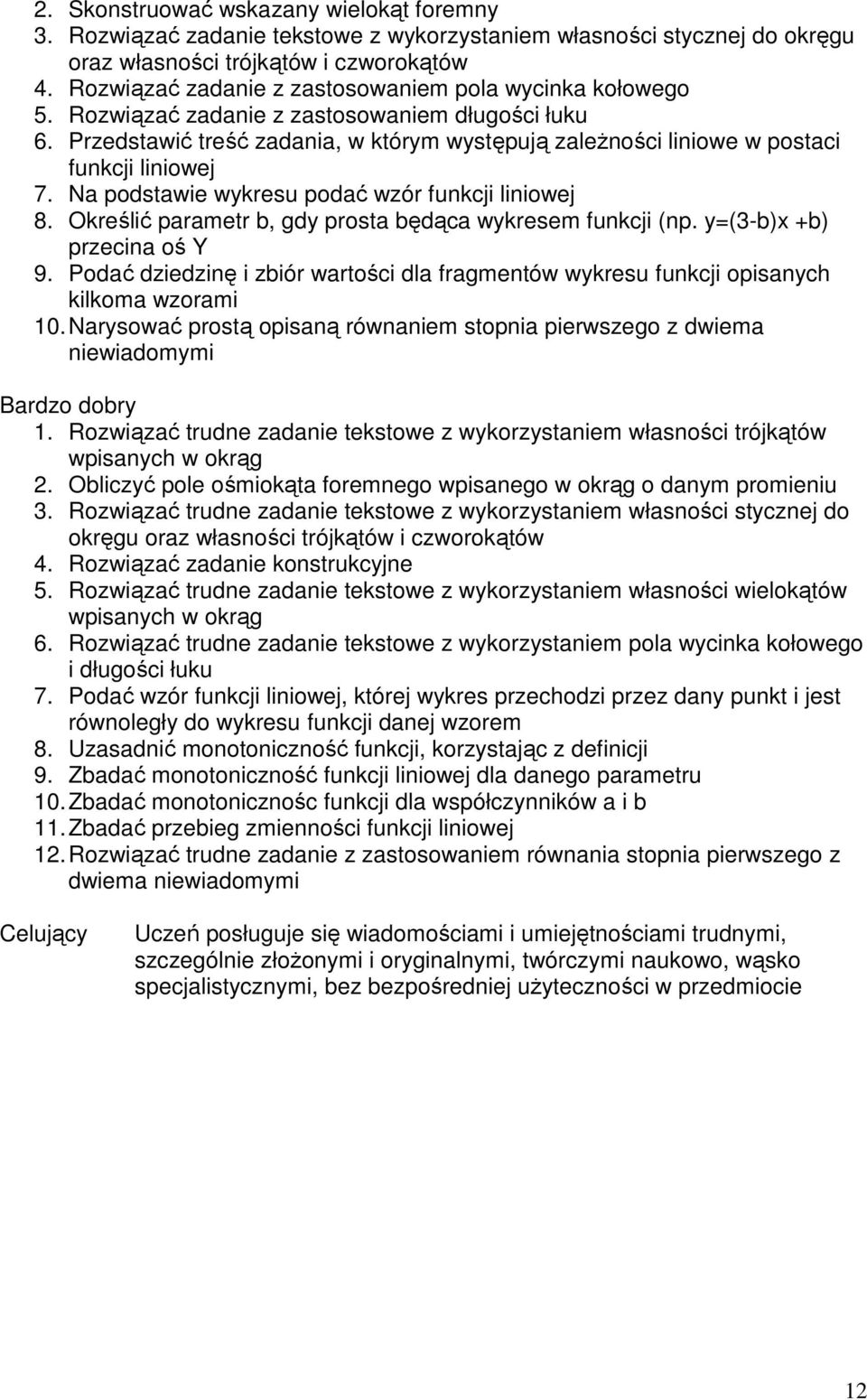 Przedstawić treść zadania, w którym występują zaleŝności liniowe w postaci funkcji liniowej 7. Na podstawie wykresu podać wzór funkcji liniowej 8.