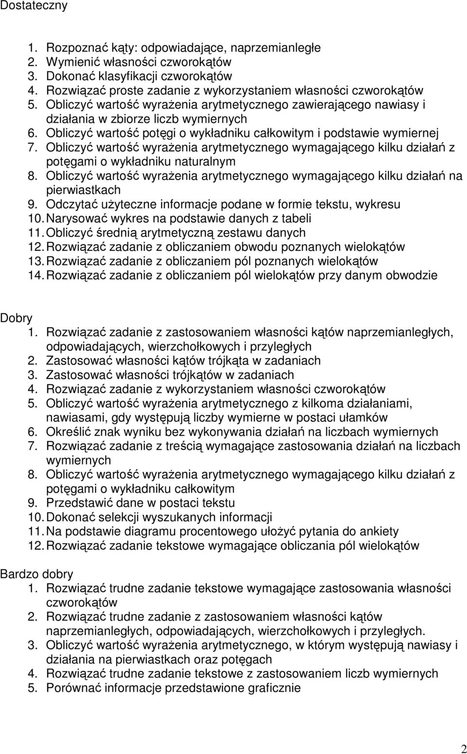 Obliczyć wartość wyraŝenia arytmetycznego wymagającego kilku działań z potęgami o wykładniku naturalnym 8. Obliczyć wartość wyraŝenia arytmetycznego wymagającego kilku działań na pierwiastkach 9.