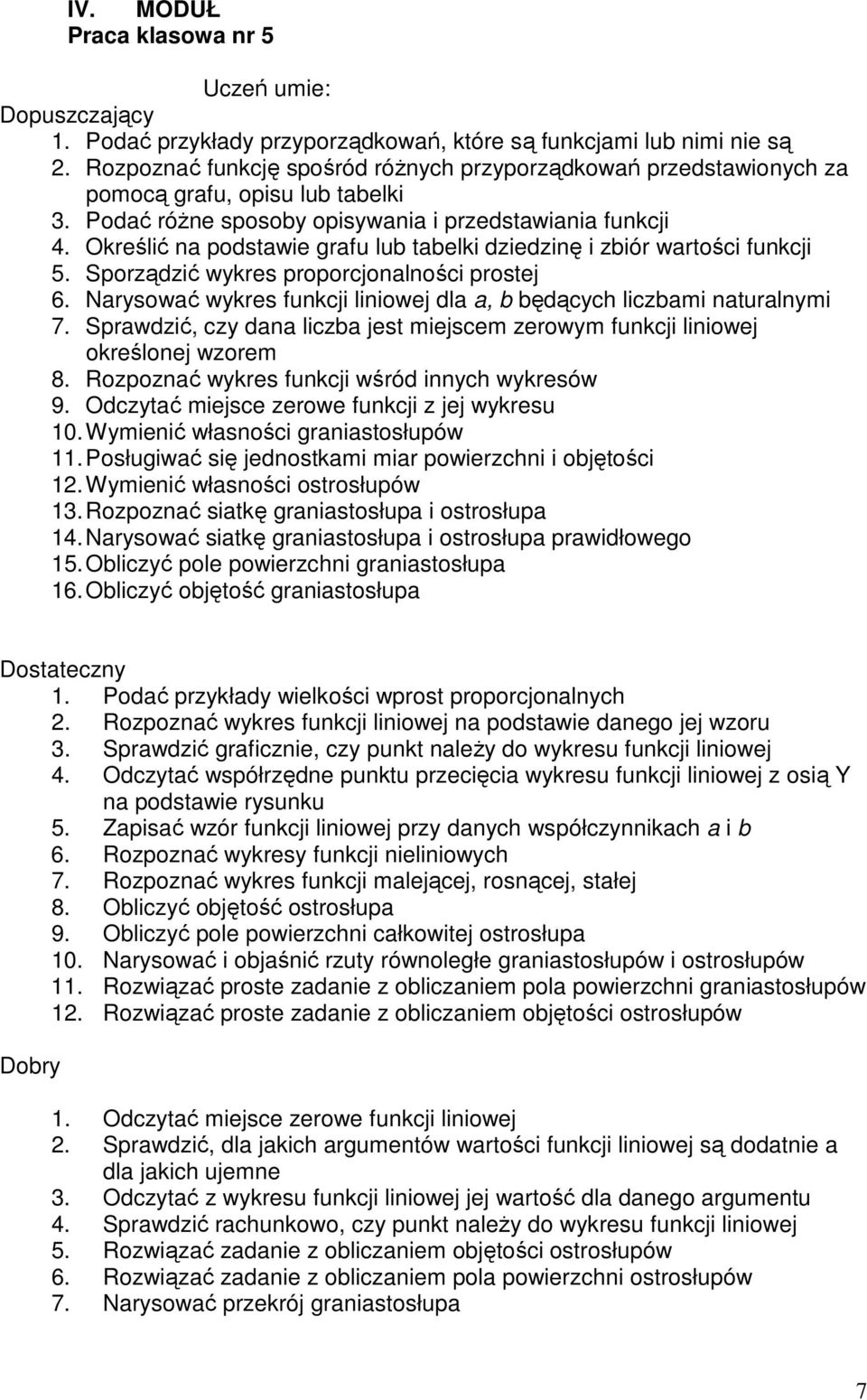 Określić na podstawie grafu lub tabelki dziedzinę i zbiór wartości funkcji 5. Sporządzić wykres proporcjonalności prostej 6. Narysować wykres funkcji liniowej dla a, b będących liczbami naturalnymi 7.