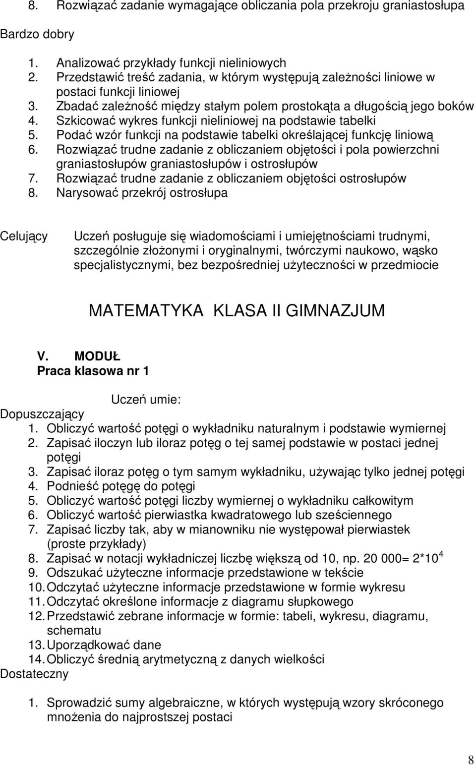 Szkicować wykres funkcji nieliniowej na podstawie tabelki 5. Podać wzór funkcji na podstawie tabelki określającej funkcję liniową 6.