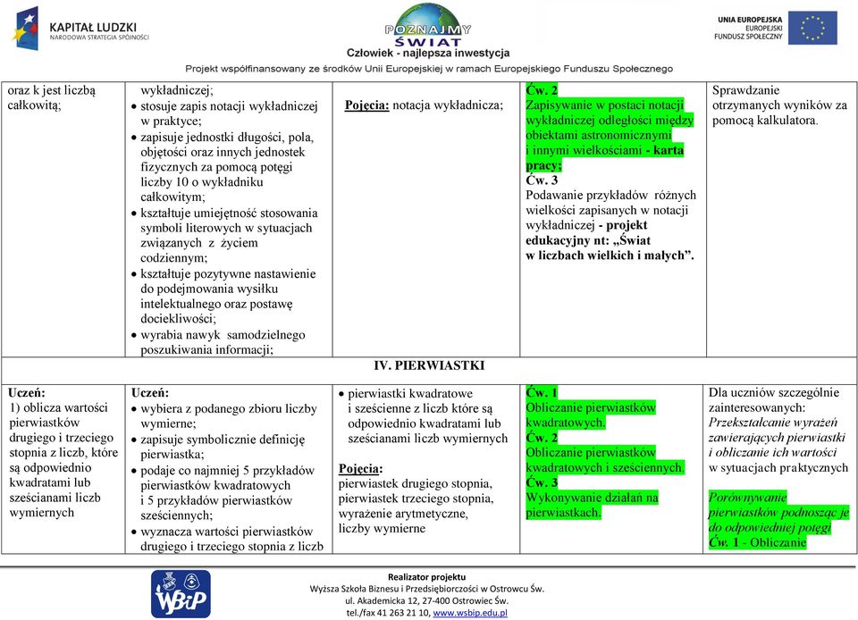 postawę dociekliwości; wyrabia nawyk samodzielnego poszukiwania informacji; Pojęcia: notacja wykładnicza; IV.