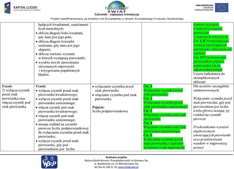 wyłącza czynnik przed znak pierwiastka kwadratowego; wyłącza czynnik przed znak pierwiastka sześciennego; włącza czynnik pod znak pierwiastka kwadratowego; włącza czynnik pod znak pierwiastka