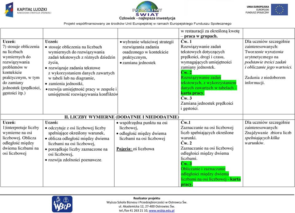 jednostek rozwiązuje zadania tekstowe z wykorzystaniem danych zawartych w tabeli lub na diagramie, zamienia jednostki, rozwija umiejętność pracy w zespole i umiejętność rozwiązywania konfliktów.