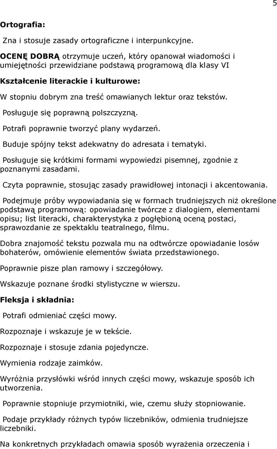 oraz tekstów. Posługuje się poprawną polszczyzną. Potrafi poprawnie tworzyć plany wydarzeń. Buduje spójny tekst adekwatny do adresata i tematyki.