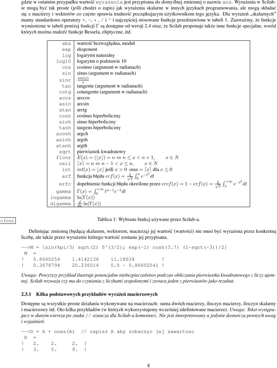 początkujacym użytkownikom tego języka. Dla wyrażeń skalarnych mamy standardowe operatory +, -, *, / i ^ i najczęściej stosowane funkcje przedstawione w tabeli 1.