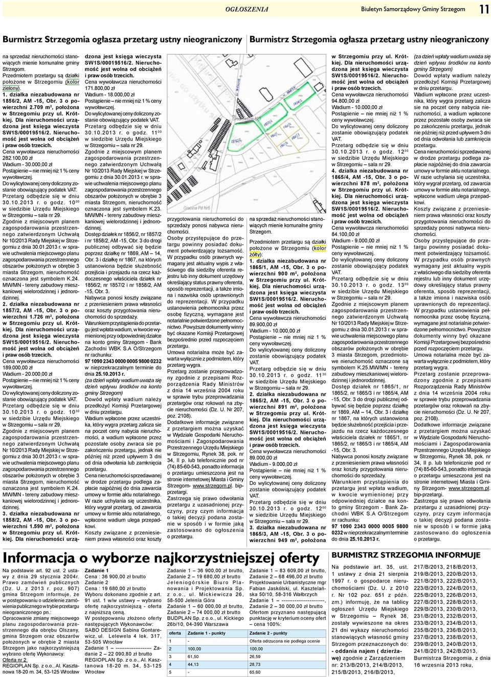 709 m 2, położona 282.100,00 zł Wadium - 30.000,00 zł Postąpienie nie mniej niż 1 % ceny wywoławczej. Do wylicytowanej ceny doliczony zostanie obowiązujący podatek VAT. 30.10.2013 r. o godz.