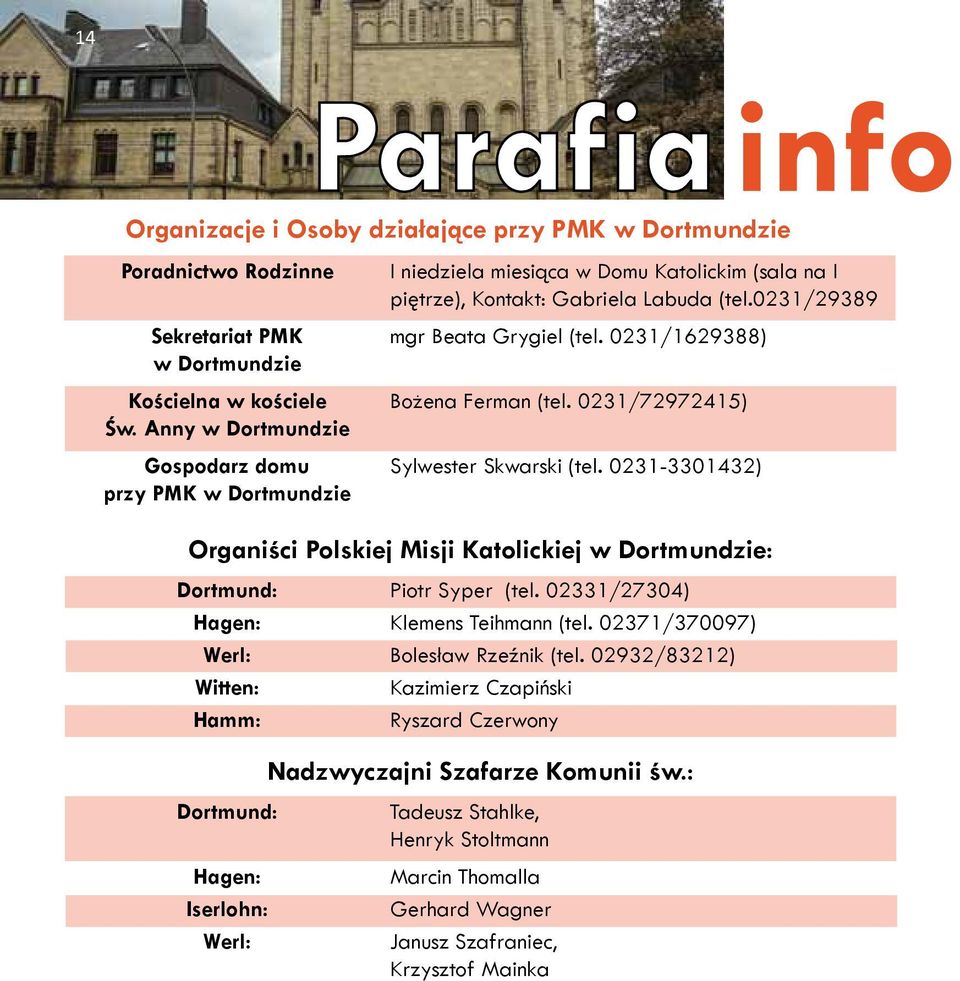 0231/1629388) Bożena Ferman (tel. 0231/72972415) Sylwester Skwarski (tel. 0231-3301432) Organiści Polskiej Misji Katolickiej w Dortmundzie: Dortmund: Piotr Syper (tel.