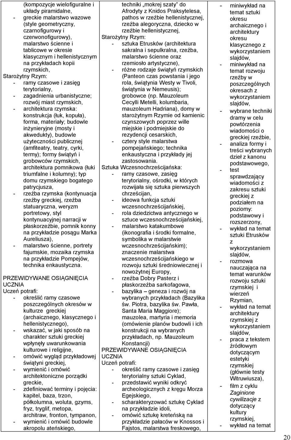 kopuła), forma, materiały; budowle inżynieryjne (mosty i akwedukty), budowle użyteczności publicznej (amfiteatry, teatry, cyrki, termy); formy świątyń i grobowców rzymskich, architektura pomnikowa