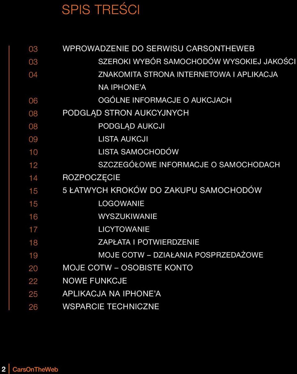 lista samochodów Szczegółowe informacje o samochodach Rozpoczęcie 5 łatwych kroków do zakupu samochodów Logowanie Wyszukiwanie Licytowanie