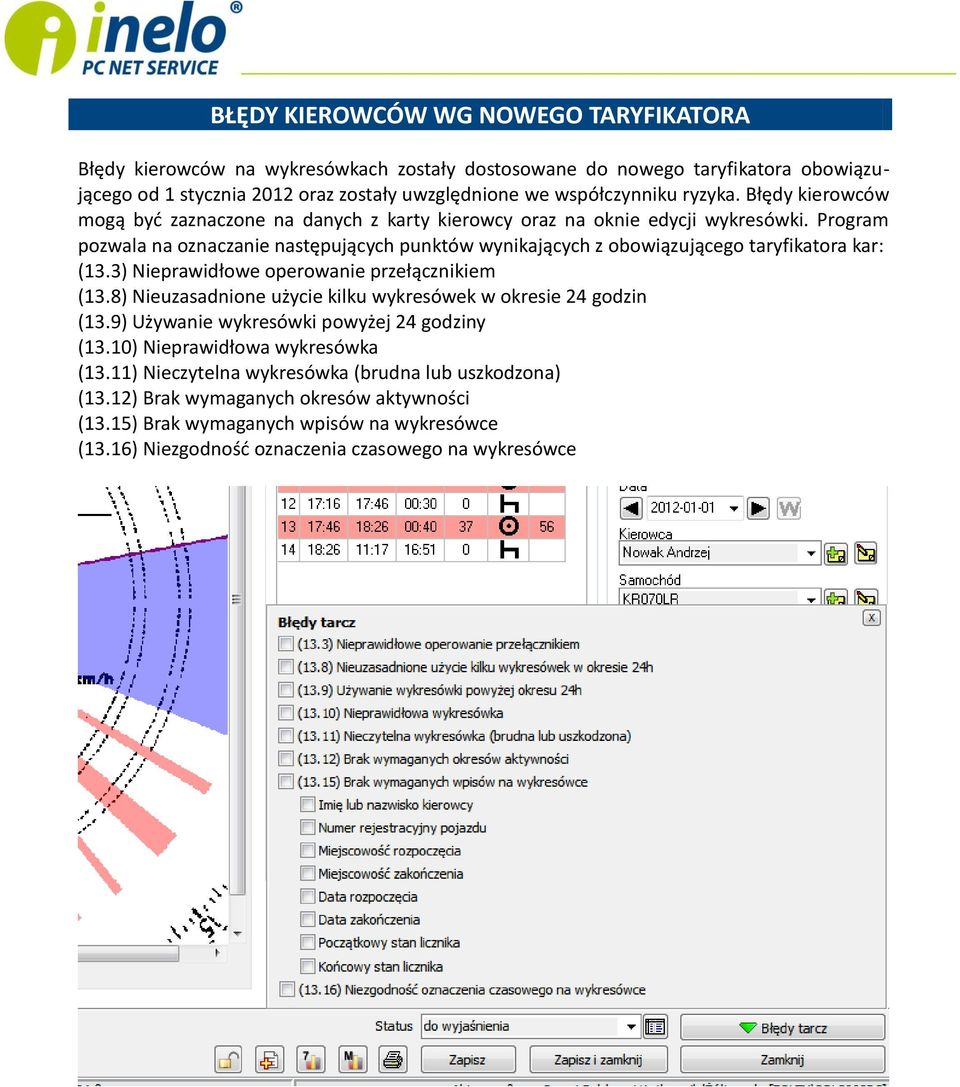 Program pozwala na oznaczanie następujących punktów wynikających z obowiązującego taryfikatora kar: (13.3) Nieprawidłowe operowanie przełącznikiem (13.