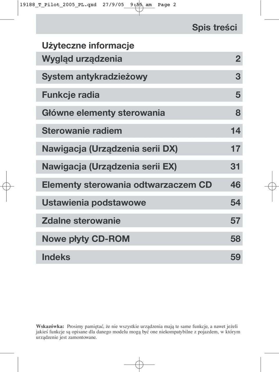 8 Sterowanie radiem 14 Nawigacja (Urządzenia serii DX) 17 Nawigacja (Urządzenia serii EX) 31 Elementy sterowania odtwarzaczem CD 46 Ustawienia