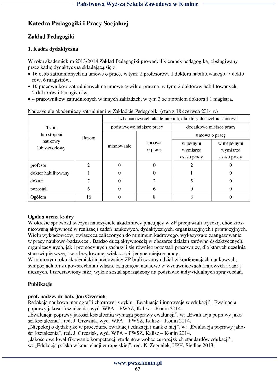 profesorów, 1 doktora habilitowanego, 7 doktorów, 6 magistrów, 10 pracowników zatrudnionych na umowę cywilno-prawną, w tym: 2 doktorów habilitowanych, 2 doktorów i 6 magistrów, 4 pracowników