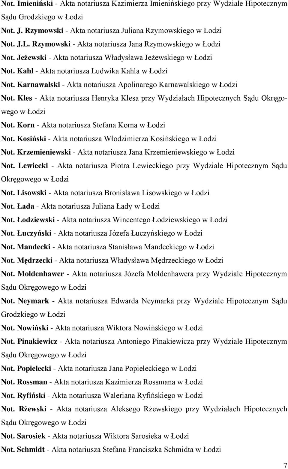 Karnawalski - Akta notariusza Apolinarego Karnawalskiego w Łodzi Not. Kles - Akta notariusza Henryka Klesa przy Wydziałach Hipotecznych Sądu Okręgowego w Łodzi Not.