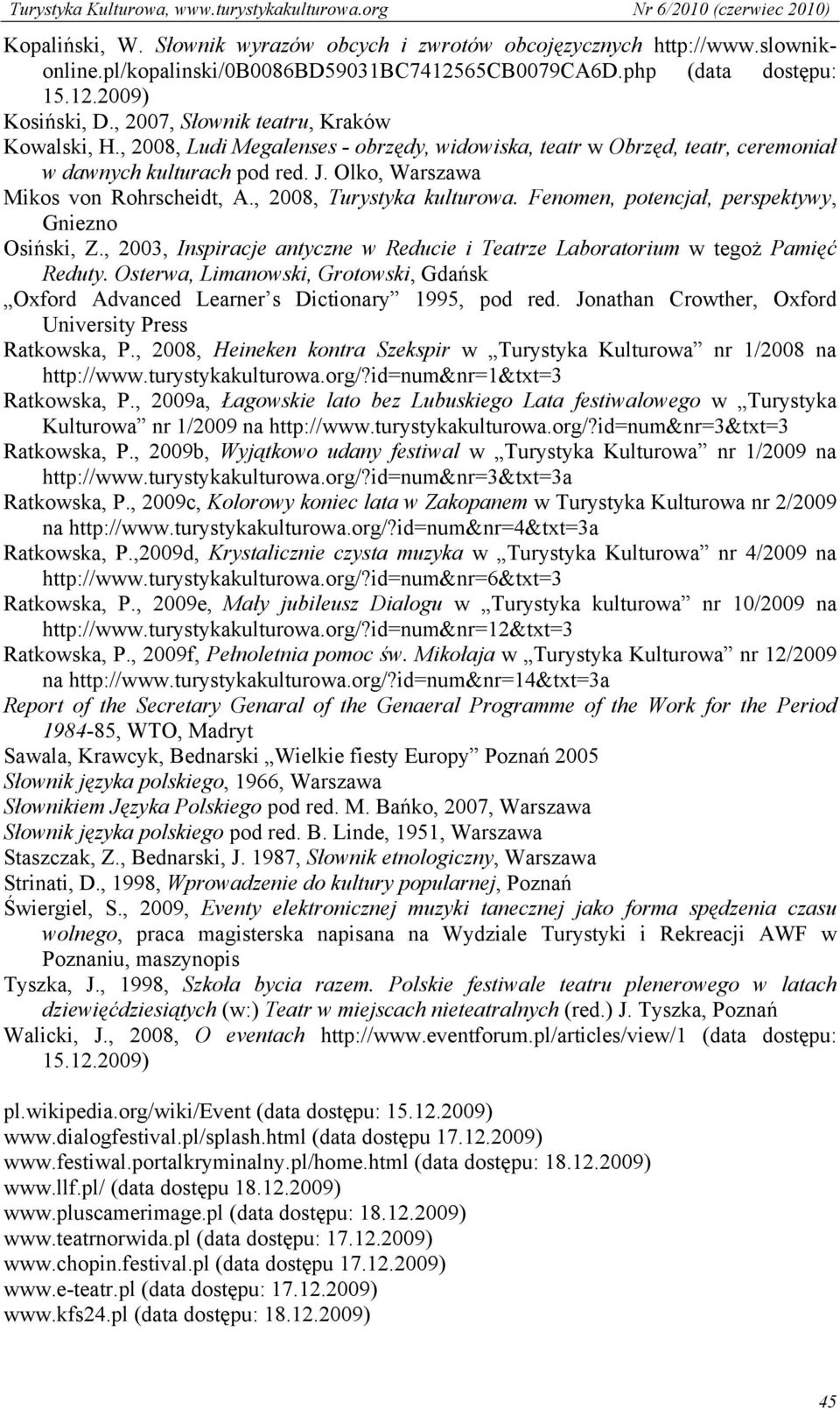 , 2008, Turystyka kulturowa. Fenomen, potencjał, perspektywy, Gniezno Osiński, Z., 2003, Inspiracje antyczne w Reducie i Teatrze Laboratorium w tegoż Pamięć Reduty.