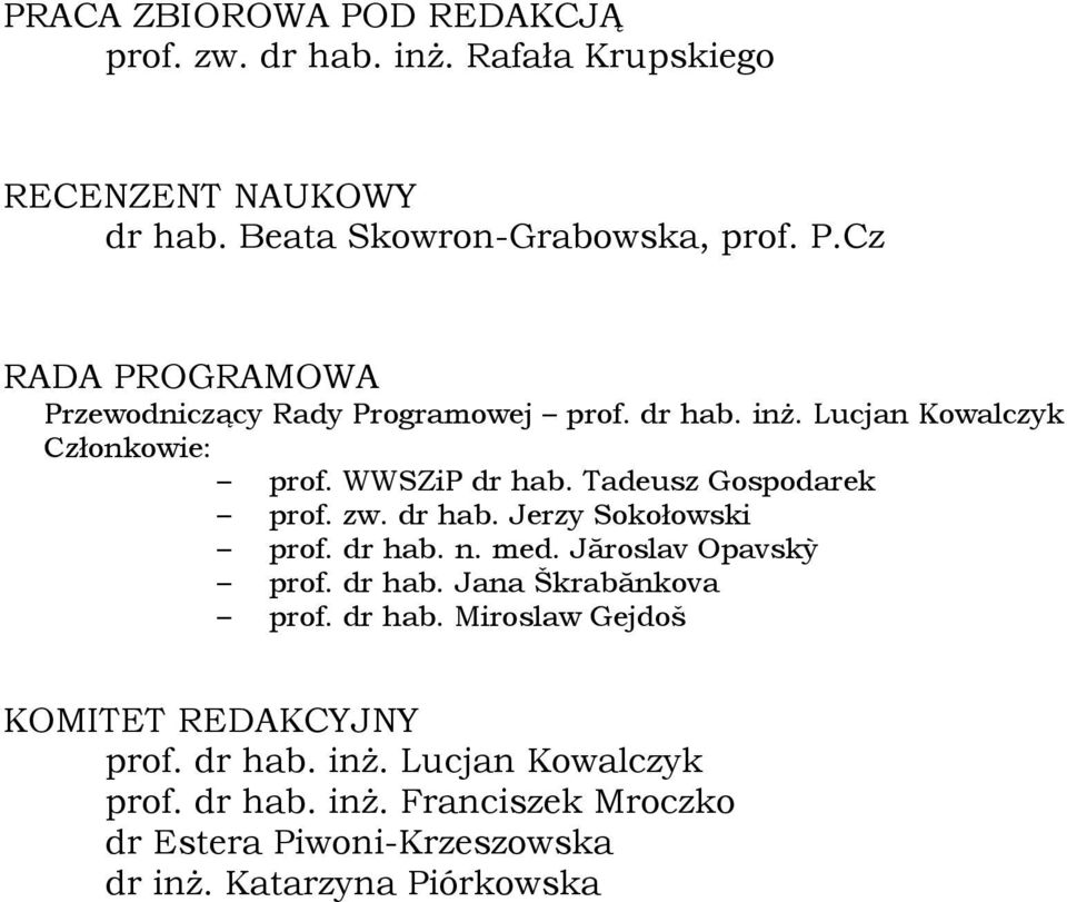 Jăroslav Opavskỳ prof. dr hab. Jana Škrabănkova prof. dr hab. Miroslaw Gejdoš KOMITET REDAKCYJNY prof. dr hab. inż. Lucjan Kowalczyk prof.