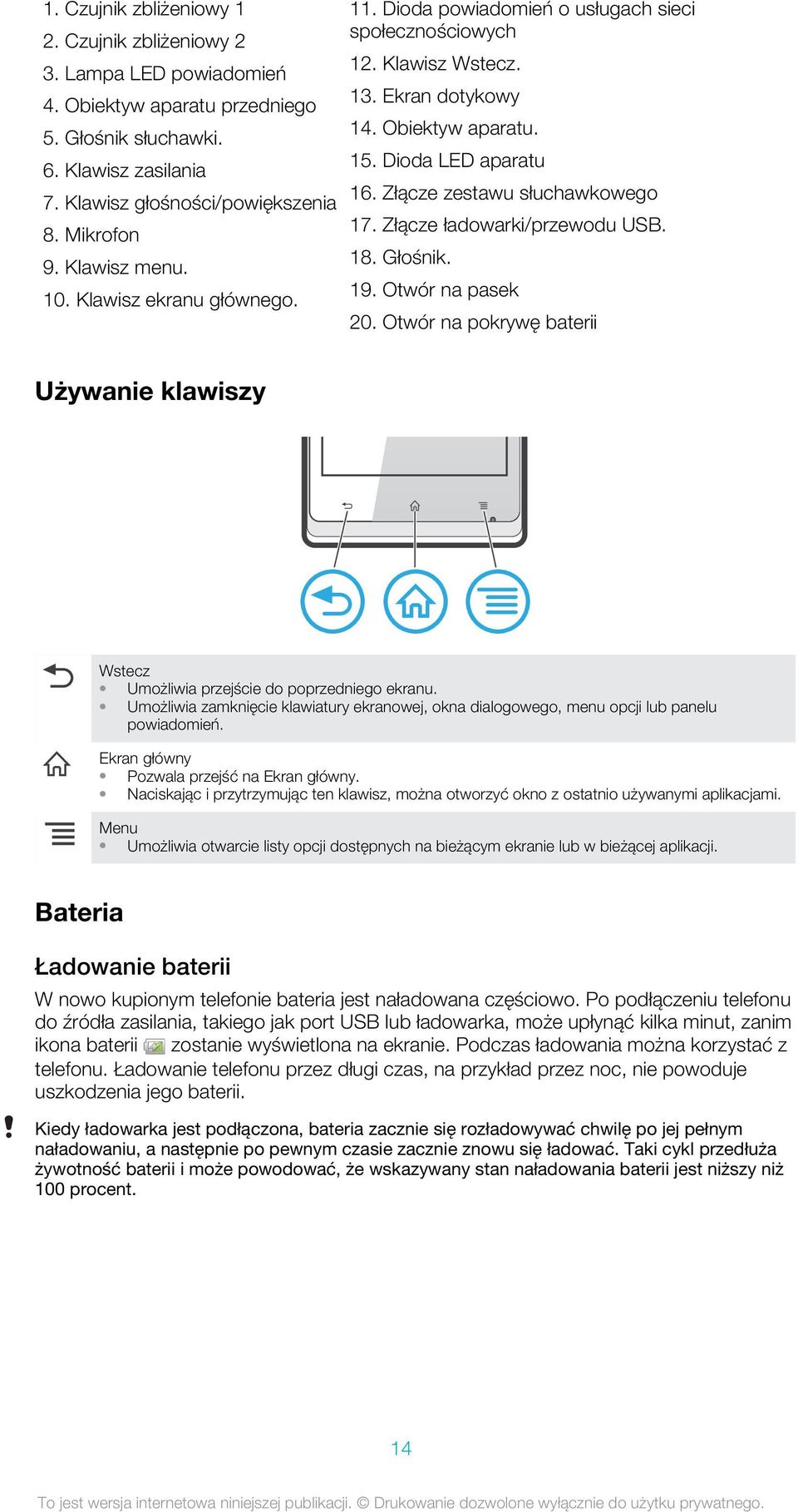 Złącze zestawu słuchawkowego 17. Złącze ładowarki/przewodu USB. 18. Głośnik. 19. Otwór na pasek 20. Otwór na pokrywę baterii Używanie klawiszy Wstecz Umożliwia przejście do poprzedniego ekranu.