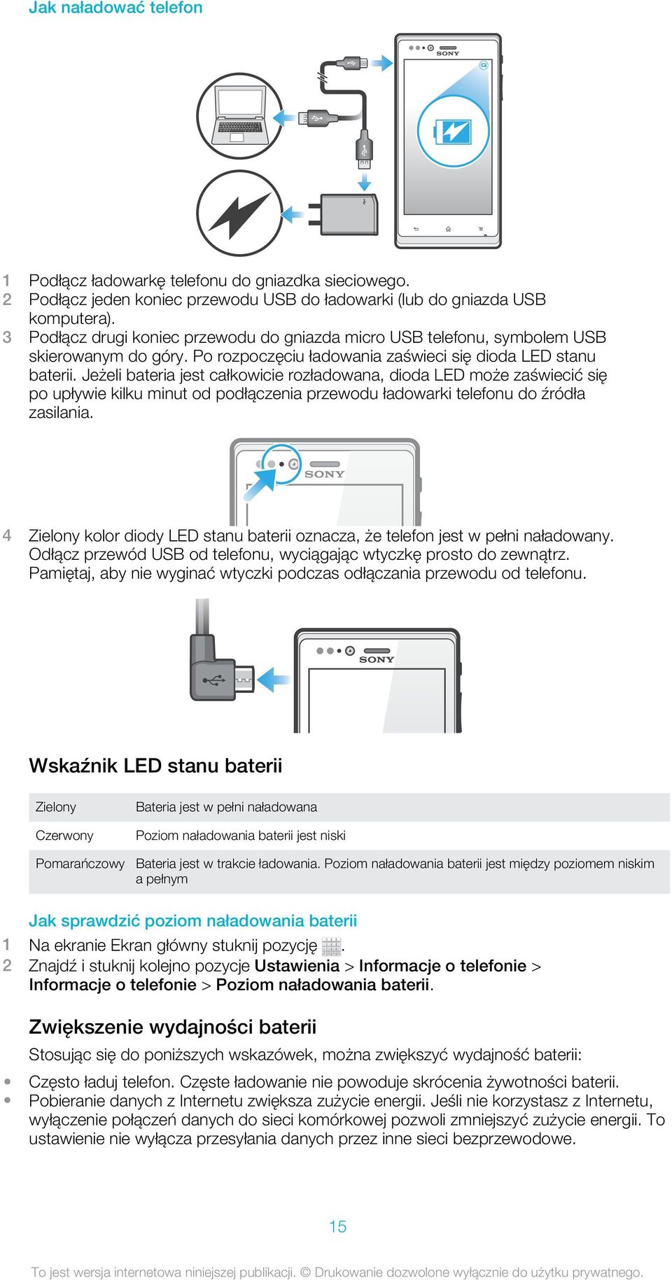 Jeżeli bateria jest całkowicie rozładowana, dioda LED może zaświecić się po upływie kilku minut od podłączenia przewodu ładowarki telefonu do źródła zasilania.