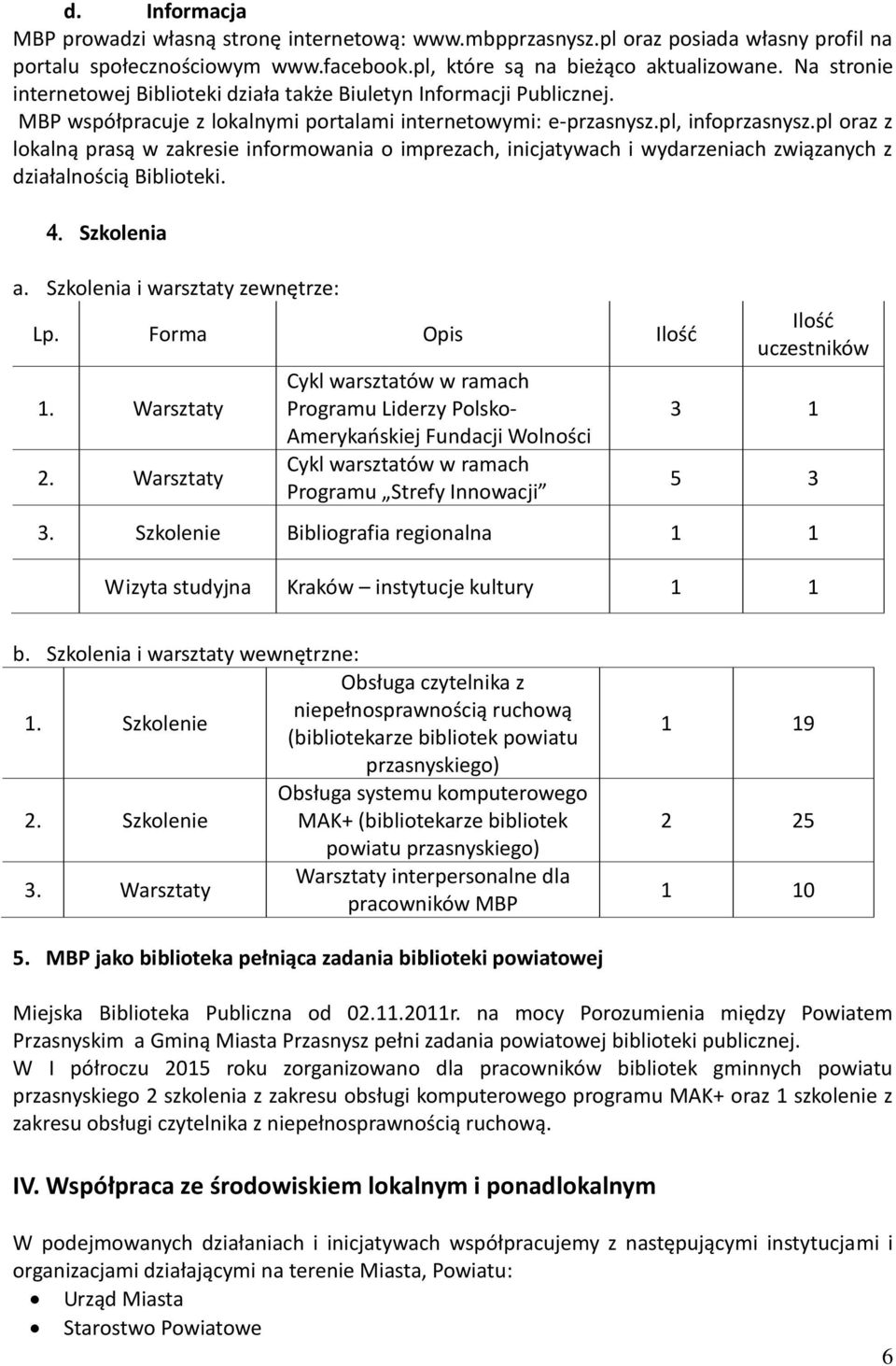 pl oraz z lokalną prasą w zakresie informowania o imprezach, inicjatywach i wydarzeniach związanych z działalnością Biblioteki. Szkolenia a. Szkolenia i warsztaty zewnętrze: Lp. Forma Opis Ilość 1.