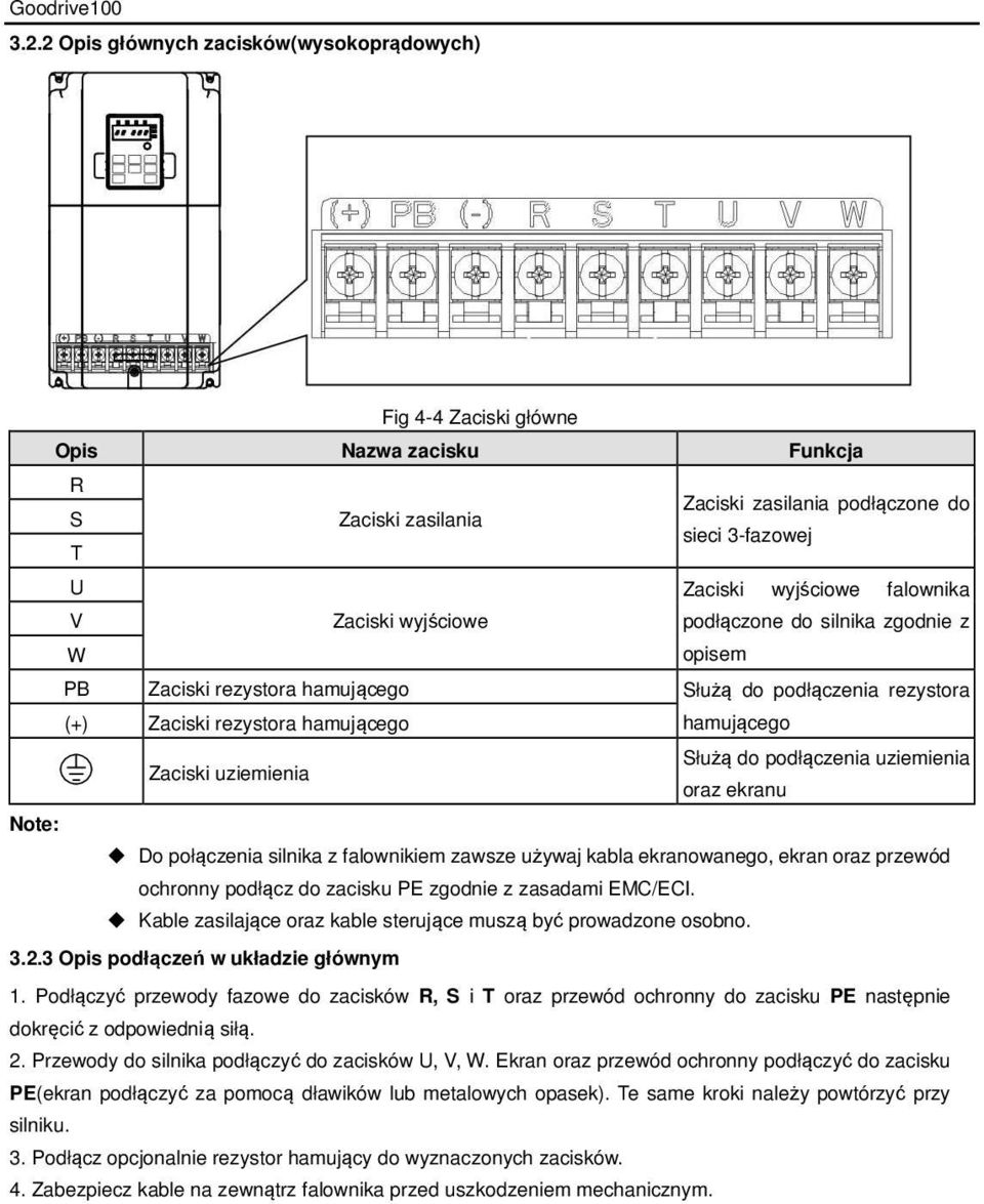 podłączenia uziemienia oraz ekranu Note: Do połączenia silnika z falownikiem zawsze używaj kabla ekranowanego, ekran oraz przewód ochronny podłącz do zacisku PE zgodnie z zasadami EMC/ECI.