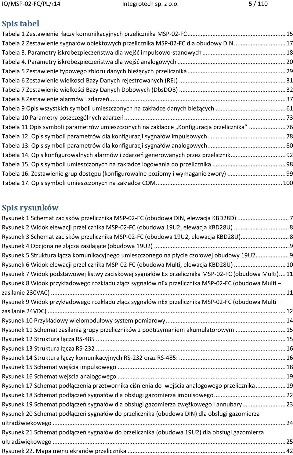 Parametry iskrobezpieczeństwa dla wejść analogowych... 20 Tabela 5 Zestawienie typowego zbioru danych bieżących przelicznika... 29 Tabela 6 Zestawienie wielkości Bazy Danych rejestrowanych (REJ).