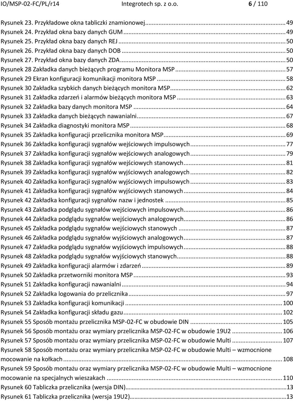 .. 57 Rysunek 29 Ekran konfiguracji komunikacji monitora MSP... 58 Rysunek 30 Zakładka szybkich danych bieżących monitora MSP... 62 Rysunek 31 Zakładka zdarzeń i alarmów bieżących monitora MSP.