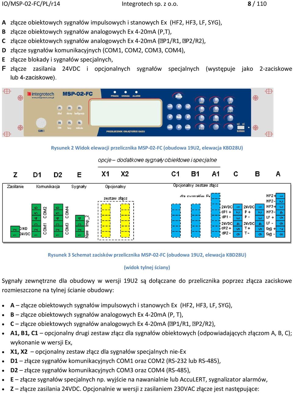 o. 8 / 110 A złącze obiektowych sygnałów impulsowych i stanowych Ex (HF2, HF3, LF, SYG), B złącze obiektowych sygnałów analogowych Ex 4-20mA (P,T), C złącze obiektowych sygnałów analogowych Ex 4- D